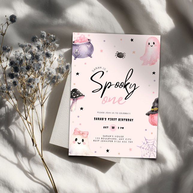 Convite de Aniversário de 1 ano Pink Spooky One Ha (Pink spooky one birthday invitation for girls)