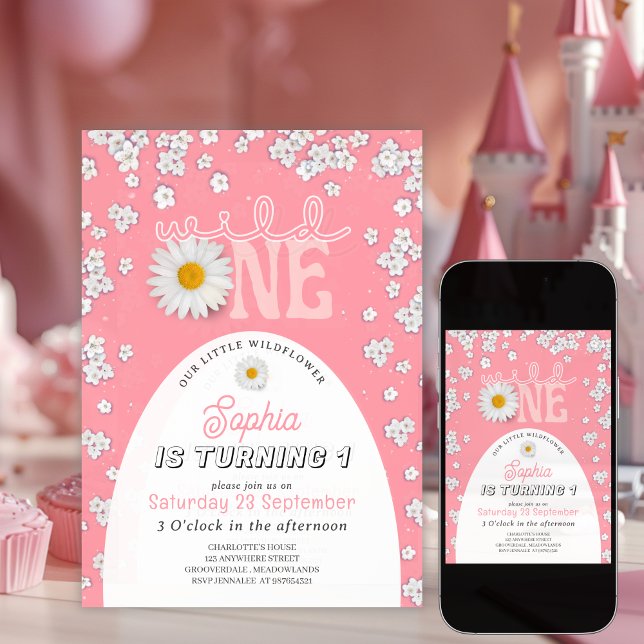 Convite de Aniversário de 1 Ano Pink Wild One Dais (Criador carregado)