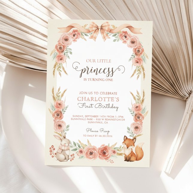 Convite de Aniversário de 1 Ano Princesa Floral Bl (1st Birthday Invitation)