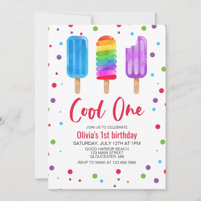 Convite de Aniversário de 1 Ano Rainbow Ice Pops C (Frente)