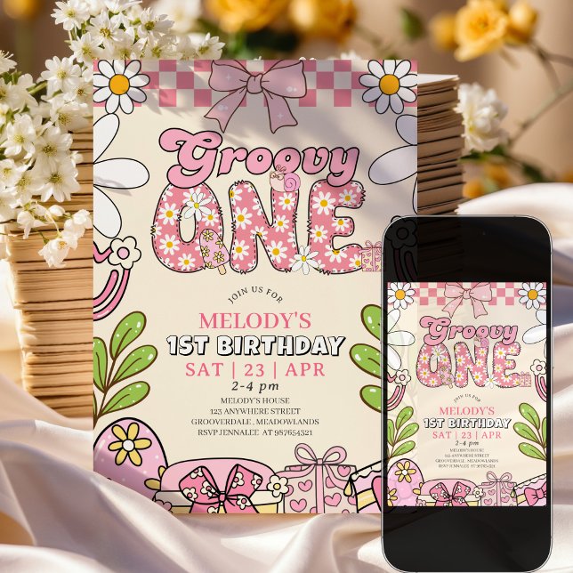 Convite de Aniversário de 1 Ano Retrô Daisy (Criador carregado)