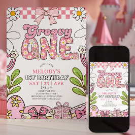 Convite de Aniversário de 1 Ano Rosa Rétro Daisy