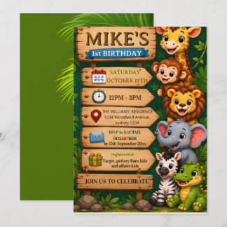 Convite de Aniversário de 1 ano Safari Animais da