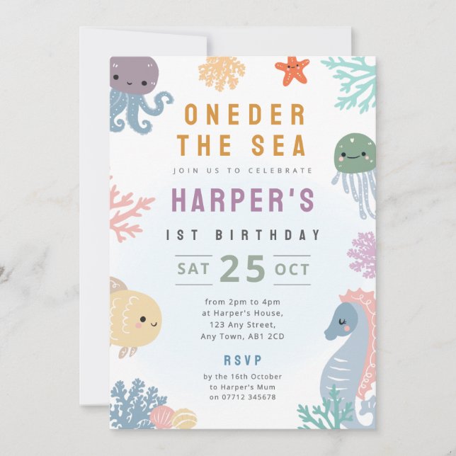 Convite de Aniversário de 1 Ano Sob O Mar Vida Oce (Frente)