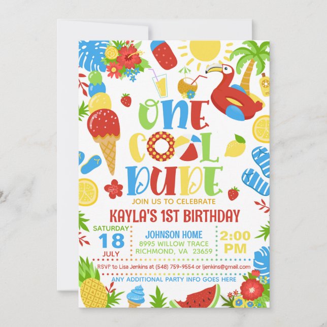Convite de Aniversário de 1 Ano Summer One Cool Du (Frente)