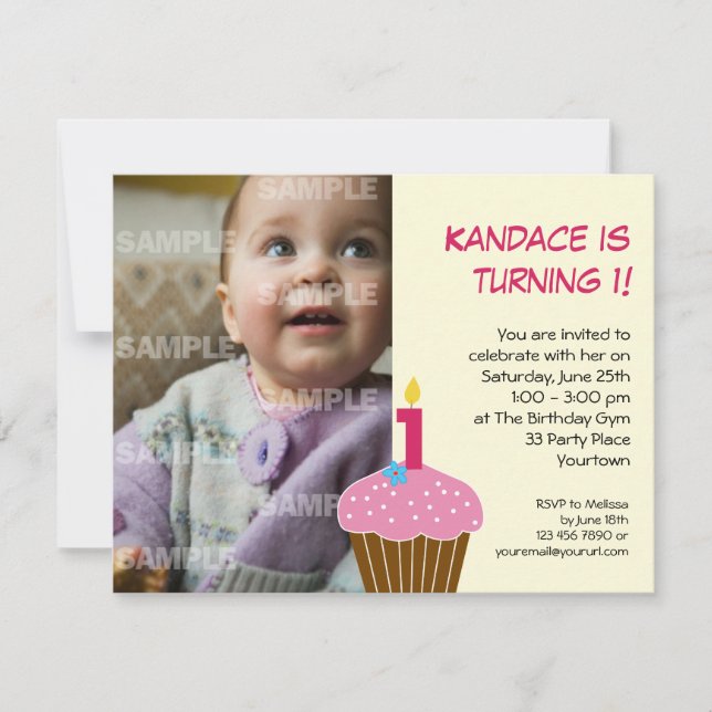 Convite de Aniversário de 1 Ano Sweet Cupcake (Frente)