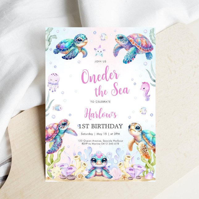 Convite de Aniversário de 1 Ano Tartaruga Sob o Ma (Criador carregado)