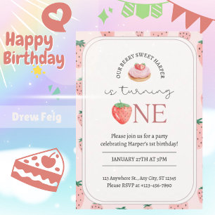 Convite de Aniversário de 1 Ano Tema Morango Doce