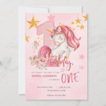 Convite de Aniversário de 1 Ano Unicórnio Rosa Pas