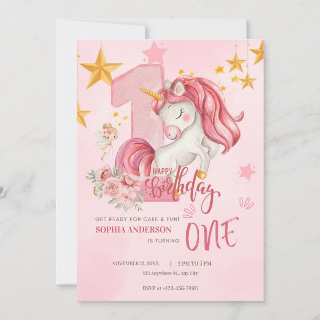 Convite de Aniversário de 1 Ano Unicórnio Rosa Pas (Frente)