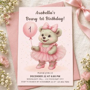 Convite de Aniversário de 1 Ano Ursa Bailarina Coq
