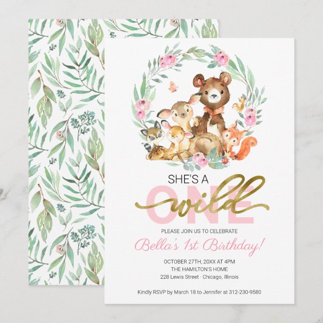 Convite de Aniversário de 1 Ano Wild One Animais d (Frente/Verso)