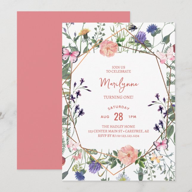 Convite de Aniversário de 1 Ano Wildflower Boho (Frente/Verso)