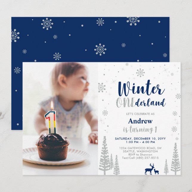 Convite de Aniversário de 1 Ano Winter Onederland  (Frente/Verso)
