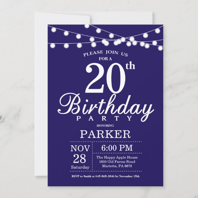Convite de Aniversário de 20 Anos Azul Marinho (Frente)