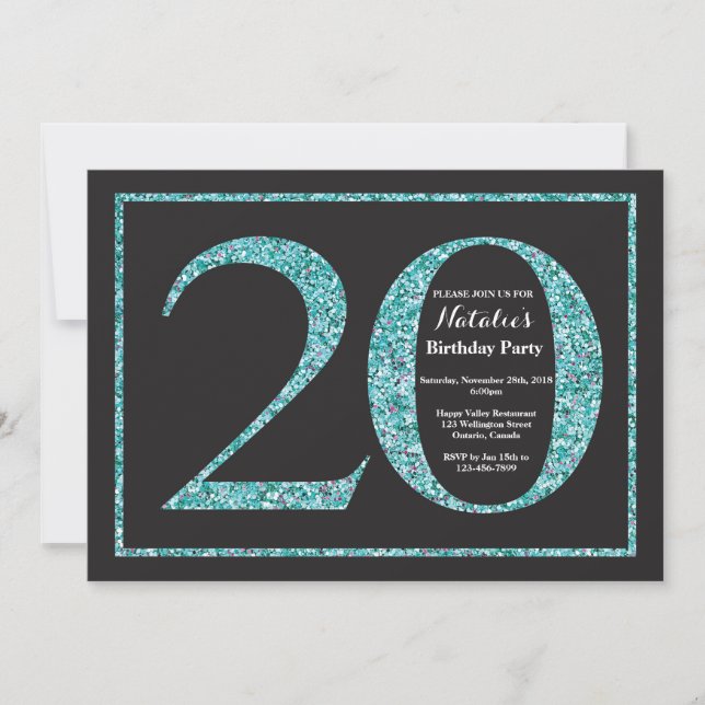 Convite de Aniversário de 20 anos com Brilho Azul  (Frente)