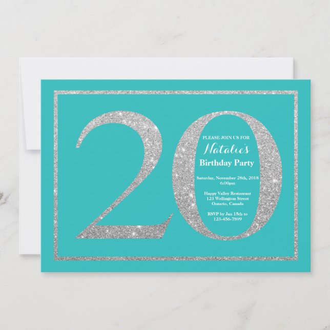 Convite de Aniversário de 20 Anos com Brilho Azul  (Frente)