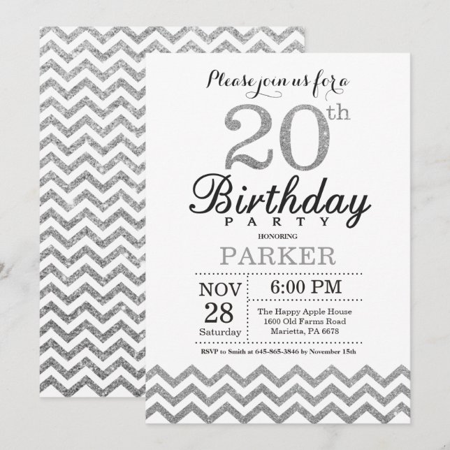 Convite de Aniversário de 20 anos com Brilho Prate (Frente/Verso)