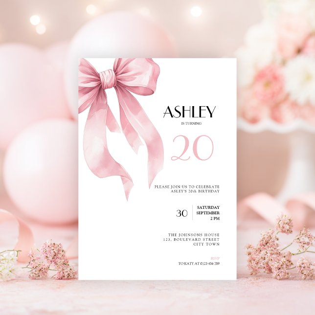 Convite de Aniversário de 20 Anos com Laço Rosa pa (Pink bow 20th birthday invitation for girls.)
