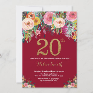 Convite de Aniversário de 20 anos Floral Borgonha