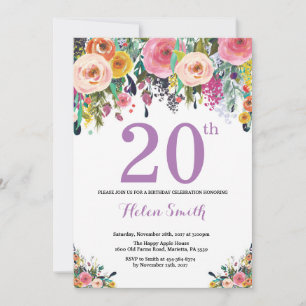 Convite de Aniversário de 20 anos Floral Roxo