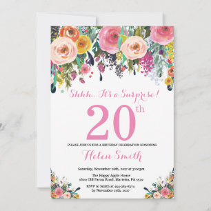 Convite de Aniversário de 20 anos Floral Surpresa 