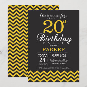 Convite de Aniversário de 20 anos Preto e Amarelo
