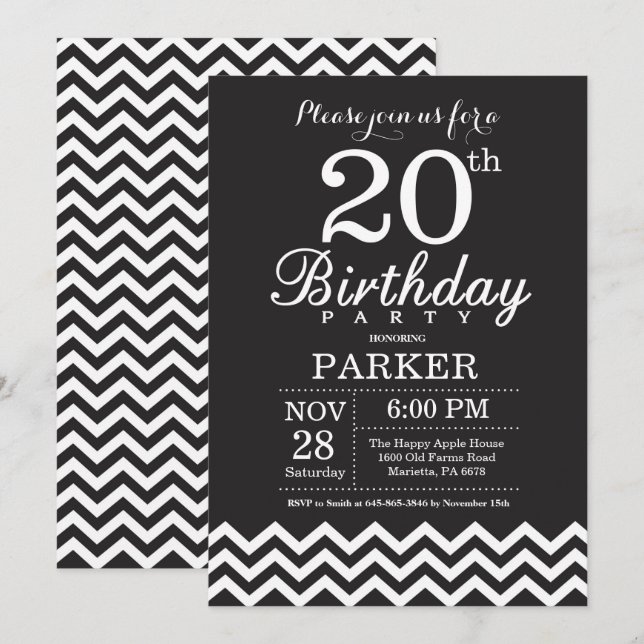 Convite de Aniversário de 20 anos Preto e Branco C (Frente/Verso)