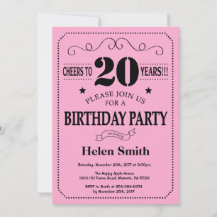 Convite de Aniversário de 20 Anos Preto e Rosa