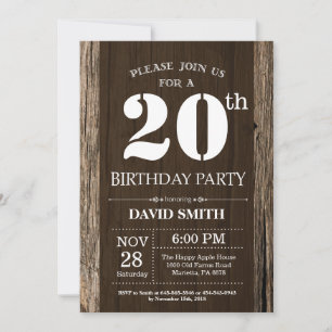 Convite de Aniversário de 20 Anos Rústico Madeira 