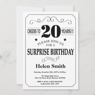 Convite de Aniversário de 20 anos Surpresa Preto e