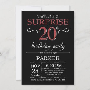 Convite de Aniversário de 20 anos Surpresa Preto e