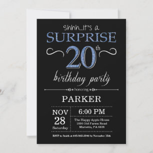 Convite de Aniversário de 20 anos Surpresa Preto e