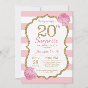 Convite de Aniversário de 20 Anos Surpresa Rosa e