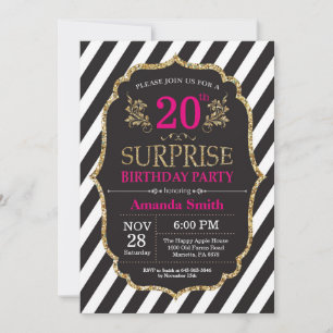 Convite de Aniversário de 20 anos Surpresa Rosa Pr