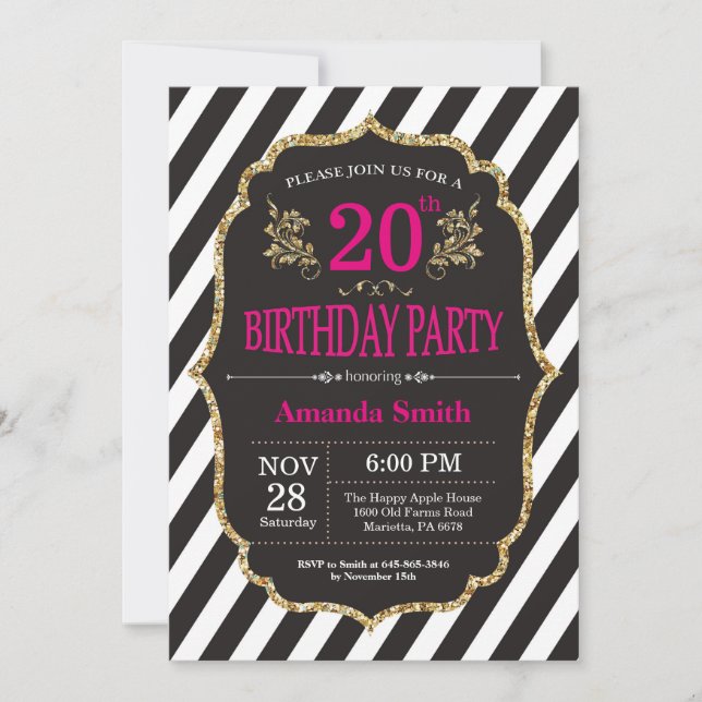 Convite de Aniversário de 20. Brilho preto e Doura (Frente)