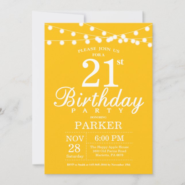 Convite de Aniversário de 21 anos Amarelo (Frente)
