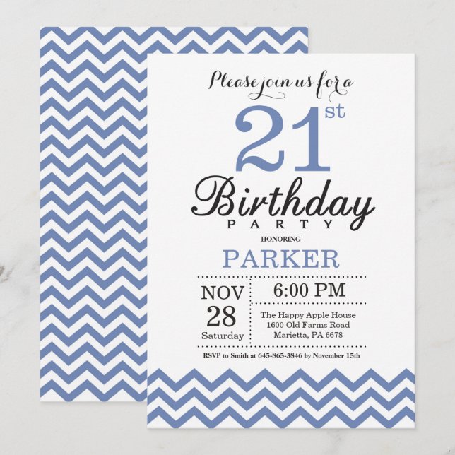Convite de Aniversário de 21 anos Azul Chevron (Frente/Verso)