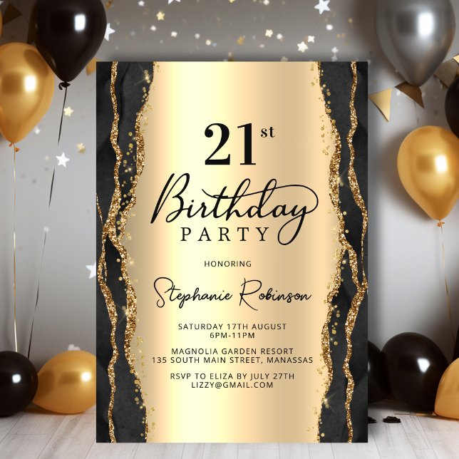 Convite de Aniversário de 21 Anos Black Gold Elega (Criador carregado)