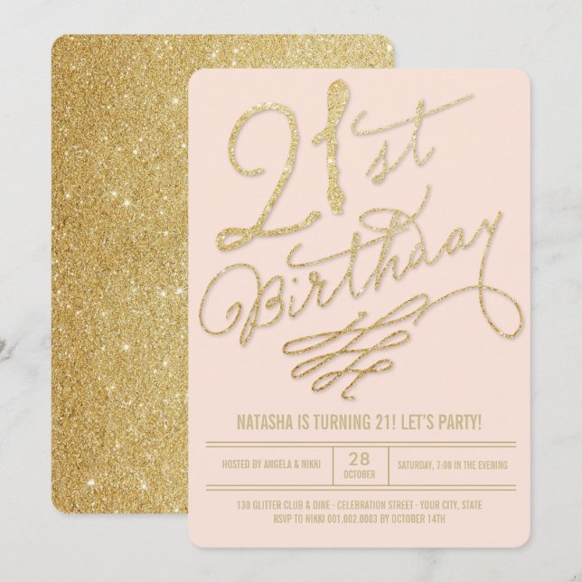 Convite de Aniversário de 21 anos com Blush Dourad (Frente/Verso)
