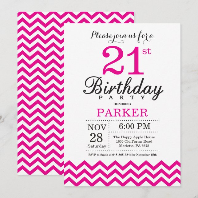 Convite de Aniversário de 21 anos com Chevron Rosa (Frente/Verso)