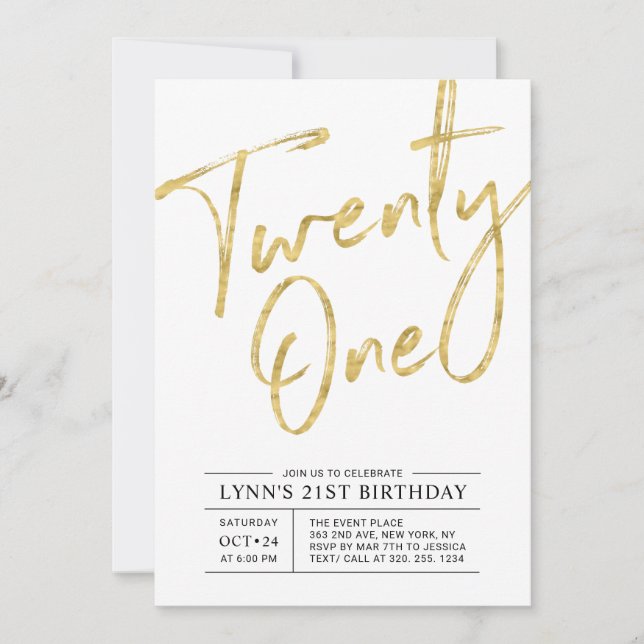 Convite de Aniversário de 21 anos | Dourado (Frente)