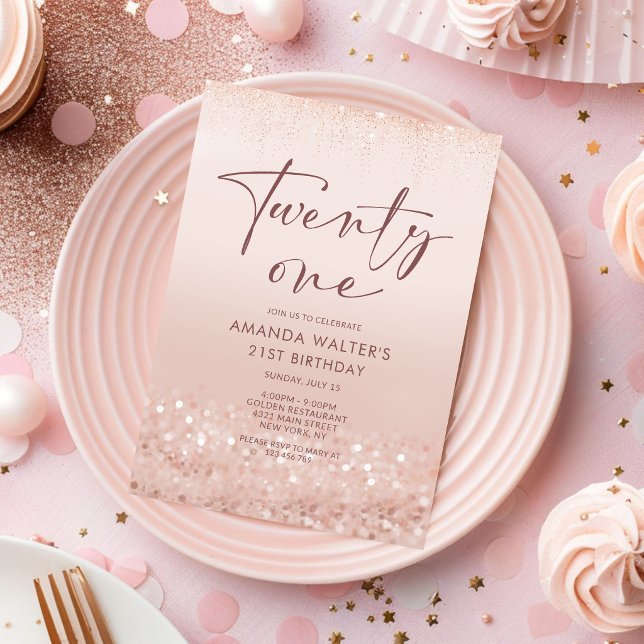 Convite de Aniversário de 21 anos em Glitter Rosa  (Rose Gold Glitter 21st Birthday Invitation Card)