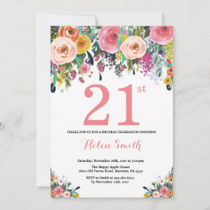 Convite de Aniversário de 21 anos Floral Rosa