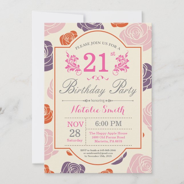 Convite de Aniversário de 21 anos Floral Rosas Ros (Frente)