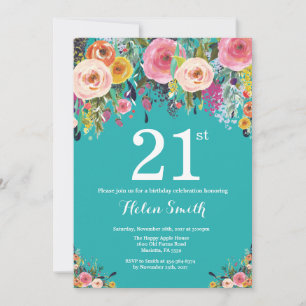Convite de Aniversário de 21 anos Floral Turquesa