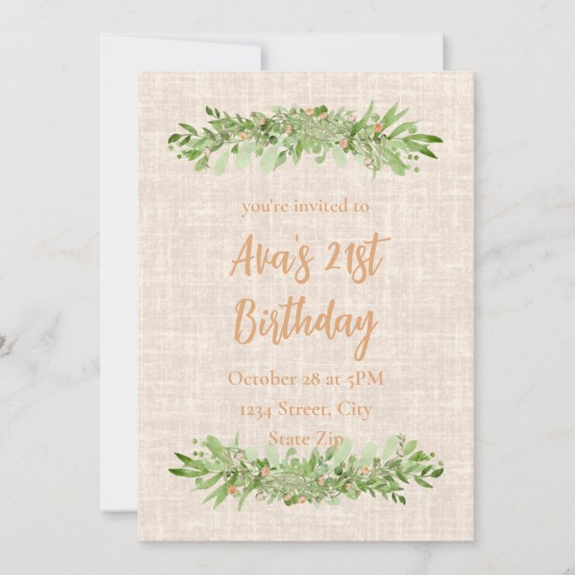 Convite de Aniversário de 21 anos – Linen Greenery (Frente)