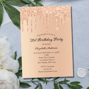 Convite de Aniversário de 21 anos Peach Glitter Dr
