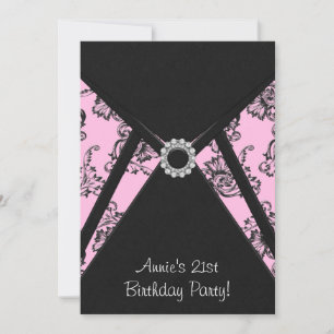 Convite de Aniversário de 21 Anos Pink Damask Blac