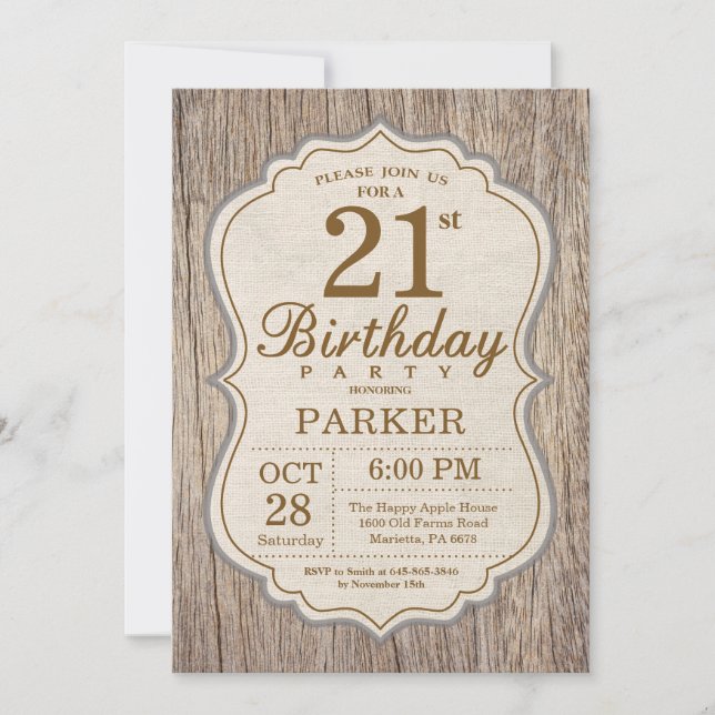 Convite de Aniversário de 21 Anos Rústico em Madei (Frente)